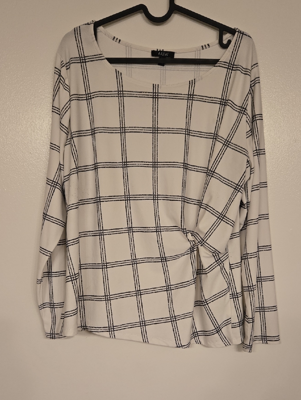 AUW White and Black Windowpane Knot-Front Long Sleeve Top